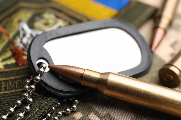 Bullets Military Tag Ukrainian Patch Pixel Camouflage Closeup — Stock Photo, Image