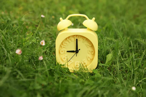 Relógio Alarme Amarelo Grama Verde Livre — Fotografia de Stock