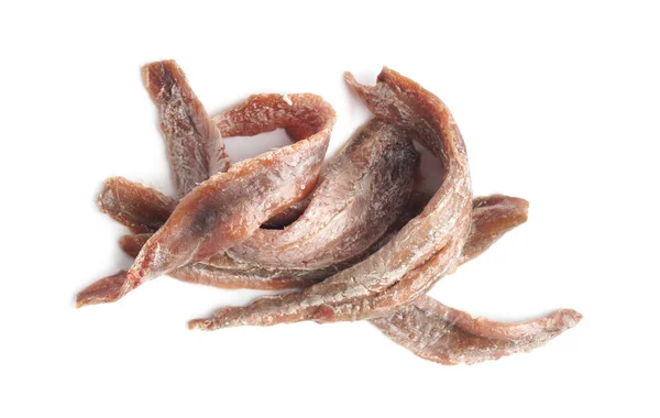 Heap Delicious Anchovy Fillets White Background Top View — Stock Photo, Image