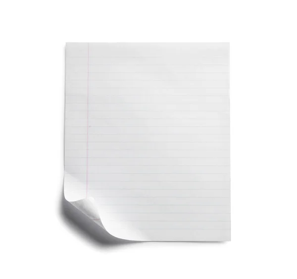 Lined Sheet Paper Turned Corner White Background Top View — Stock Photo, Image