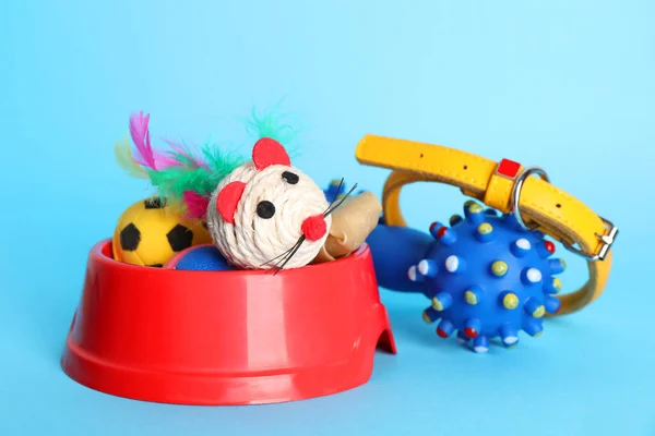 Vários Brinquedos Estimação Colarinho Tigela Fundo Azul Claro — Fotografia de Stock