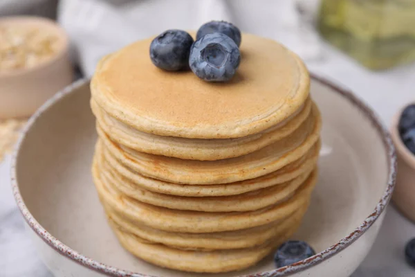 Tasty Oatmeal Pancakes Blueberries Bowl Closeup — Stock Photo, Image