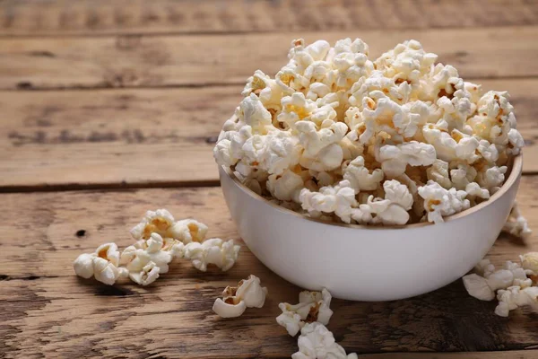 Tasty Popcorn Wooden Table Closeup Space Text — Stock Photo, Image