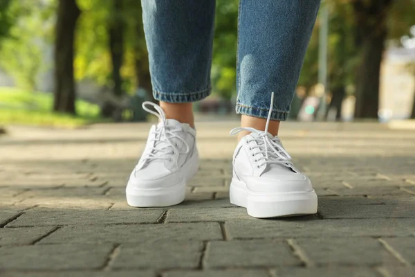 Woman Stylish Sneakers Walking City Street Closeup — Stock Photo, Image