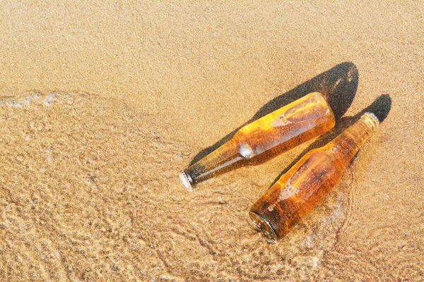 Bottles Cold Beer Water Sandy Beach View Space Text — Stock Photo, Image