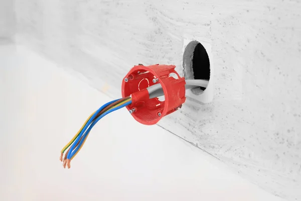 Hole Socket Wires Wall Indoors Closeup Installation Electrical Wiring — Stock Photo, Image