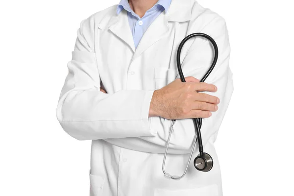 Dokter Met Stethoscoop Witte Achtergrond Close — Stockfoto