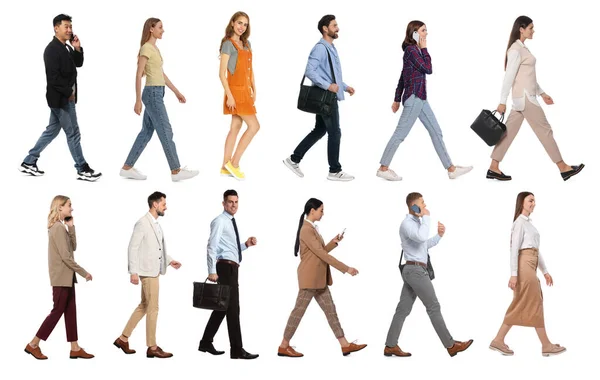 Collage Con Foto Persone Che Indossano Abiti Eleganti Che Camminano — Foto Stock