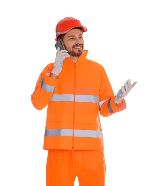 Man Reflective Uniform Talking Phone White Background — Stock Photo, Image