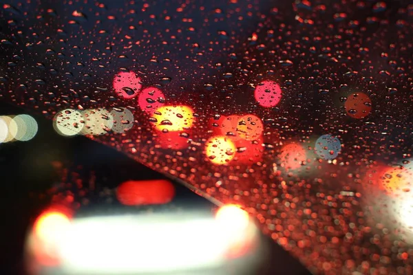 Blurred View Road Wet Car Window Night Bokeh Effect — Stock Photo, Image
