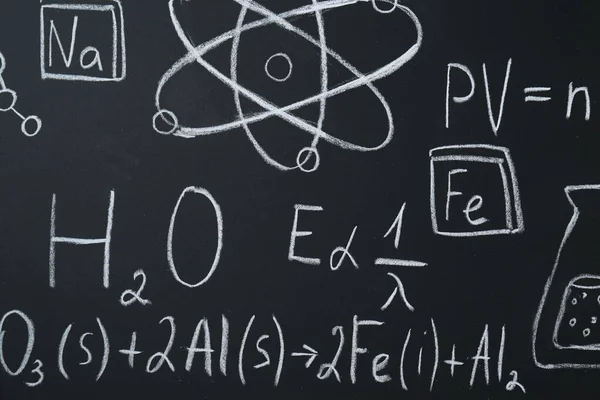 Different Chemical Formulas Written Chalk Blackboard Closeup — Stock Photo, Image