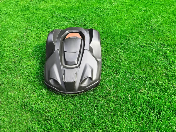 stock image Modern robot lawn mower on green grass in garden