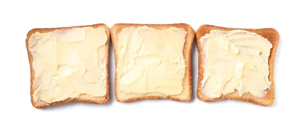 Torradas Saborosas Com Manteiga Fundo Branco Vista Superior — Fotografia de Stock