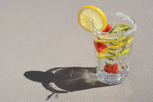 Delicious Refreshing Lemonade Raspberries Light Gray Rattan Surface Space Text — Stock Photo, Image