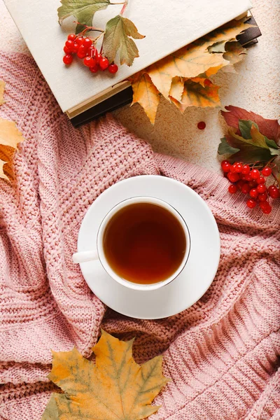 Flat Lay Composition Cup Aromatic Tea Soft Pink Sweater Beige — Stock Photo, Image