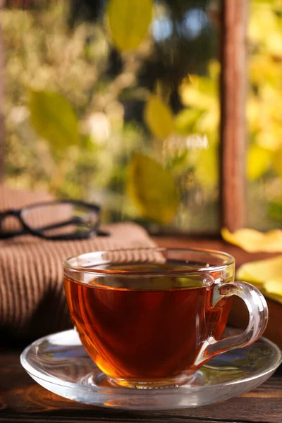 Cup Aromatic Tea Soft Sweater Wooden Windowsill Indoors Closeup Autumn — Stock Photo, Image
