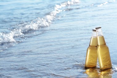 Bottles of cold beer on sandy beach near sea, space for text