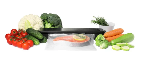 Vacuüm Verpakking Sealer Plastic Zak Met Zalm Verschillende Voedingsmiddelen Witte — Stockfoto