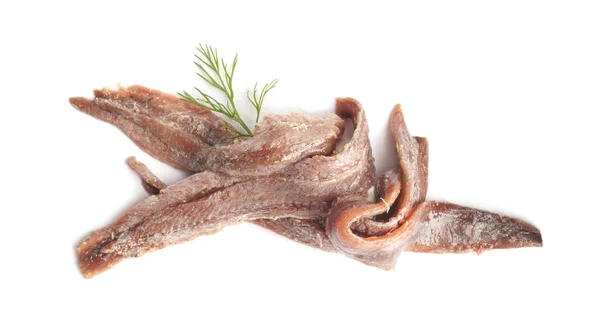 Haufen Köstlicher Sardellenfilets Und Dill Auf Weißem Hintergrund Draufsicht — Stockfoto