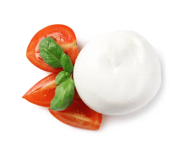Köstlicher Mozzarella Und Tomaten Auf Weißem Hintergrund Draufsicht — Stockfoto