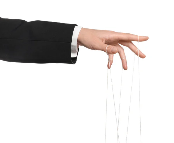 stock image Woman pulling strings of puppet on white background, closeup