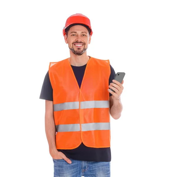Wirtschaftsingenieur Uniform Mit Telefon Auf Weißem Hintergrund — Stockfoto