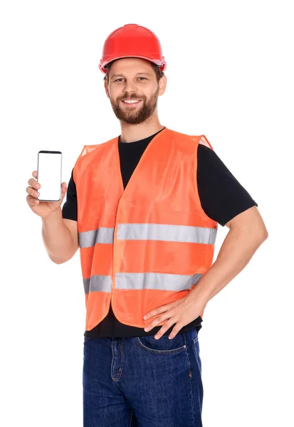 Homem Uniforme Reflexivo Mostrando Smartphone Fundo Branco — Fotografia de Stock