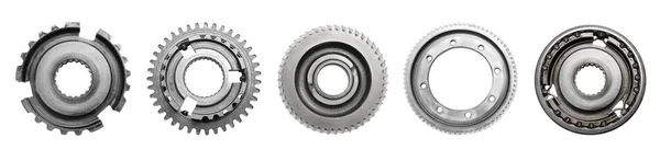Set Different Stainless Steel Gears White Background Top View Banner — Stock Photo, Image