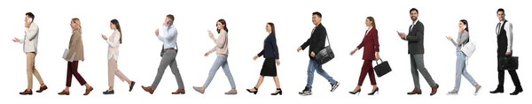 Collage Con Fotos Personas Con Ropa Elegante Caminando Sobre Fondo —  Fotos de Stock