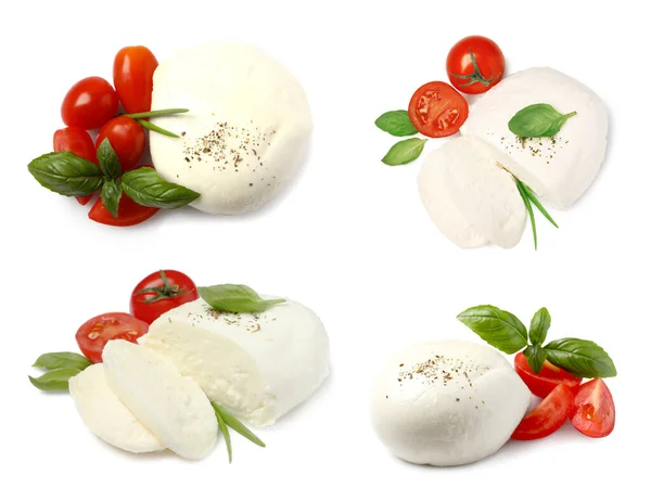 Set Con Deliziosa Mozzarella Pomodori Freschi Basilico Sfondo Bianco — Foto Stock