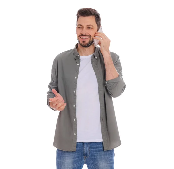 Homem Falando Telefone Contra Fundo Branco — Fotografia de Stock