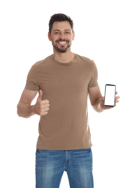 Счастливый Человек Телефоном Белом Фоне — стоковое фото