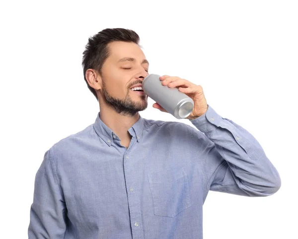 Hombre Feliz Bebiendo Lata Sobre Fondo Blanco — Foto de Stock