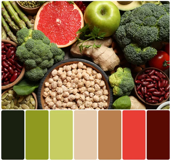 Bovenaanzicht Van Verse Groenten Fruit Zaden Kleurenpalet Collage — Stockfoto