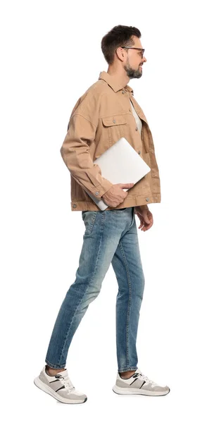 Man Laptop Walking White Background — Stock Photo, Image