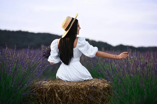 Woman Sitting Hay Bale Lavender Field Back View — Photo