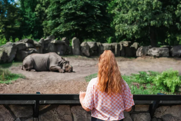 Κοριτσάκι Που Βλέπει Άγριο Ρινόκερο Στο Ζωολογικό Κήπο Πίσω Όψη — Φωτογραφία Αρχείου