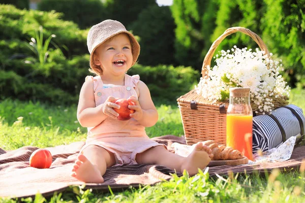 Cute Little Baby Girl Nectarine Picnic Blanket Garden — Stock Photo, Image
