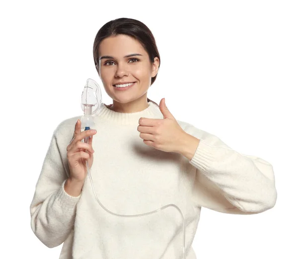 Mujer Joven Feliz Con Nebulizador Mostrando Pulgar Hacia Arriba Sobre — Foto de Stock