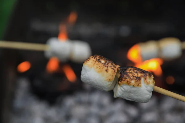 Köstliche Geschwollene Marshmallows Über Dem Lagerfeuer Braten Nahaufnahme Raum Für — Stockfoto