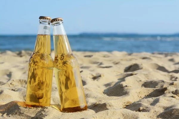 Bottles Cold Beer Sandy Beach Sea Space Text — Stock Photo, Image