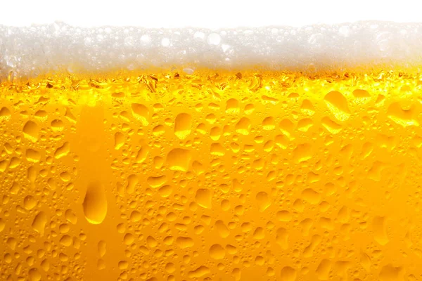 Glass Tasty Cold Beer Foam Condensation Drops White Background Closeup — Zdjęcie stockowe