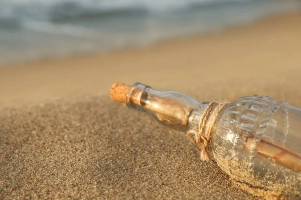 Sos Message Glass Bottle Sand Closeup — Stock Photo, Image