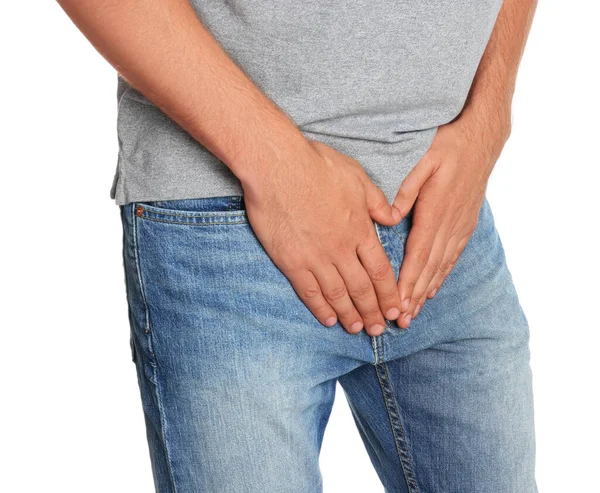Man Suffering Genital Herpes White Background Closeup — Stock Photo, Image