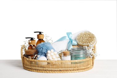 Spa gift set with different personal care products on table against white background clipart