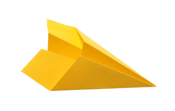 白に隔離された手作りの黄色い紙飛行機 — ストック写真