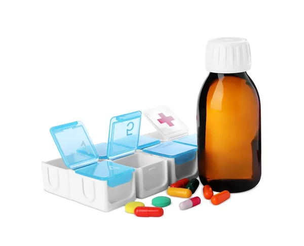 Flacone Sciroppo Con Pillole Sfondo Bianco Medicina Tosse Raffreddore — Foto Stock