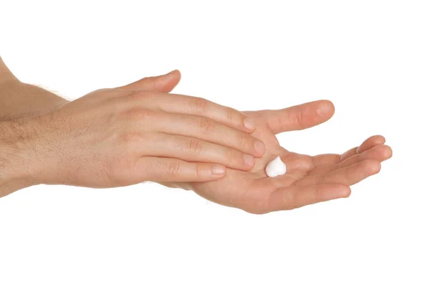 Άνδρας Εφαρμογή Κρέμα Στο Χέρι Λευκό Φόντο Closeup — Φωτογραφία Αρχείου