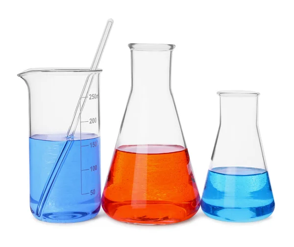 Різні Лабораторні Скляні Посуд Барвистими Рідинами Білому Тлі — стокове фото