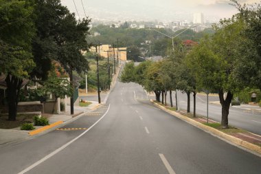 Geniş asfalt yolu ve yeşil ağaçları olan güzel bir şehir caddesi.